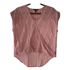 INC Faux Wrap Top Pink Silver Metallic Stripes Sz Small